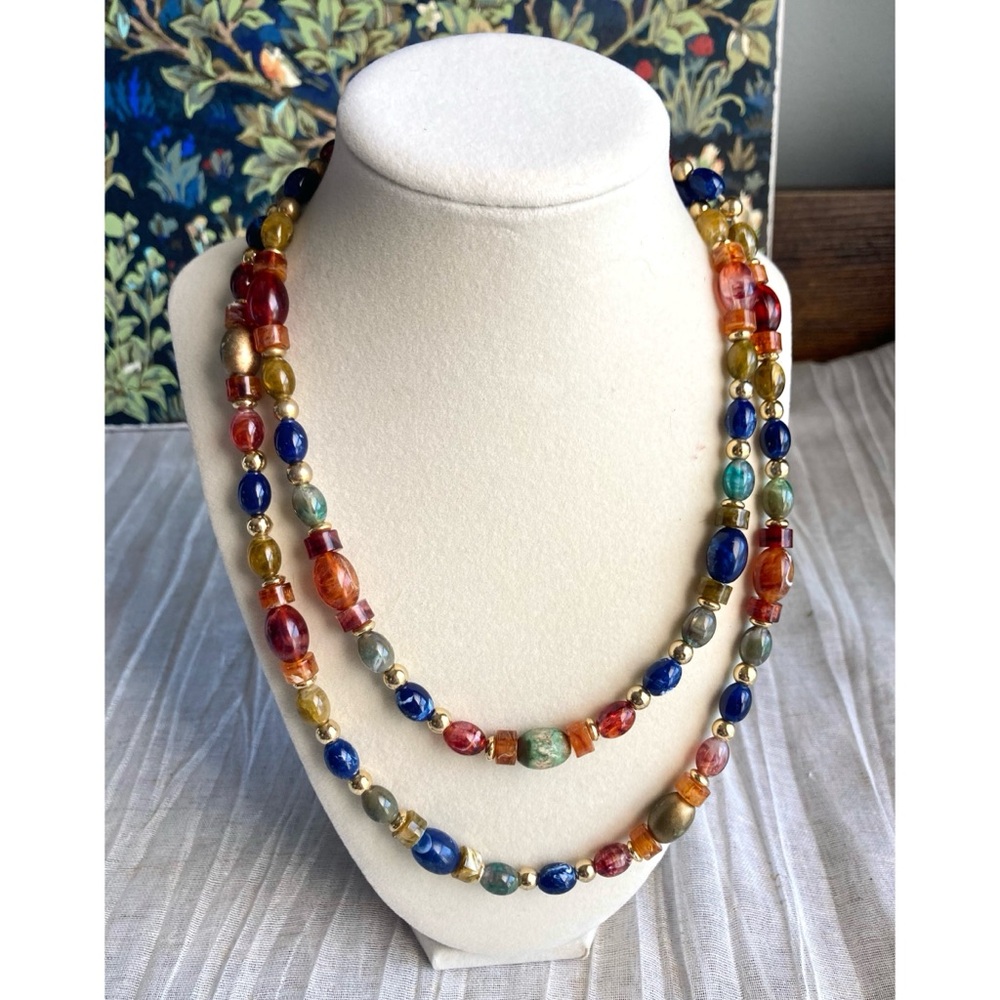 RELISTED Warm Jeweltones Beaded Necklace High Quality Lucite/Acrylic 40” Long - Picture 1 of 8